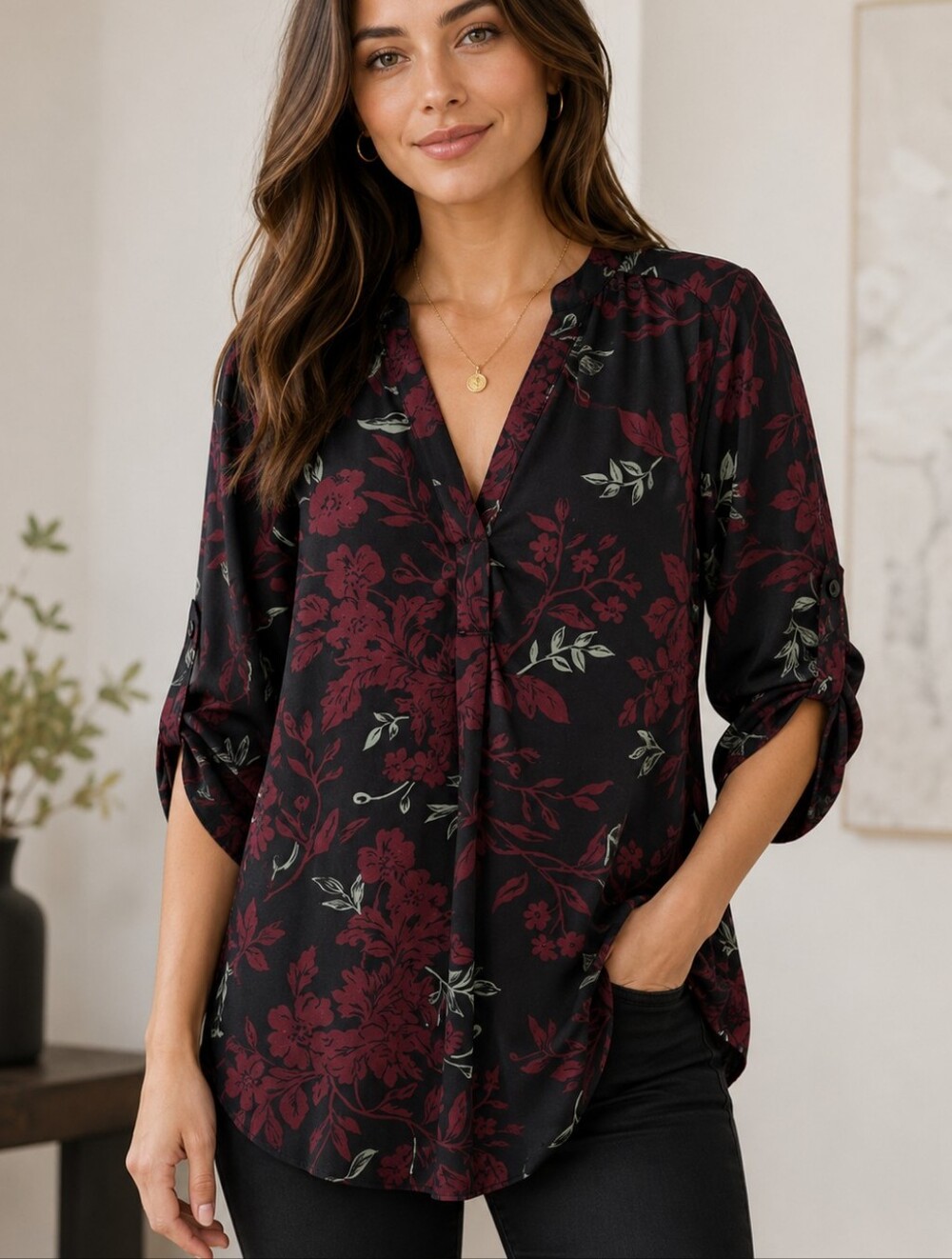 💙 Ricki's Black Burgundy Floral Button-Front Blouse